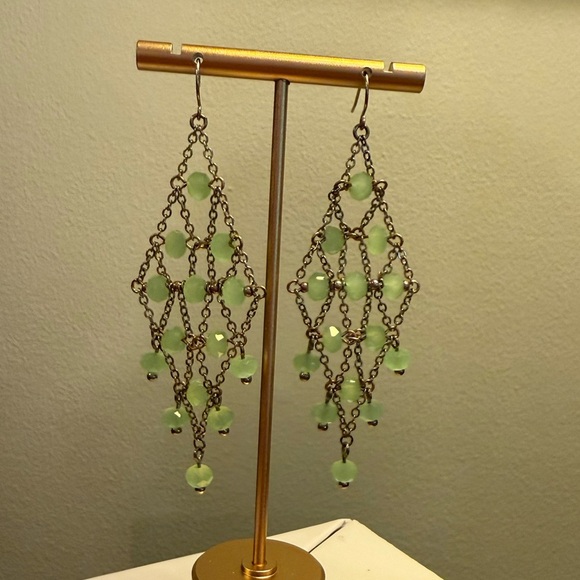 Vintage Y2K Lee Angel Silver Green Beaded Chandelier 3” Drop Earrings - Picture 8 of 8